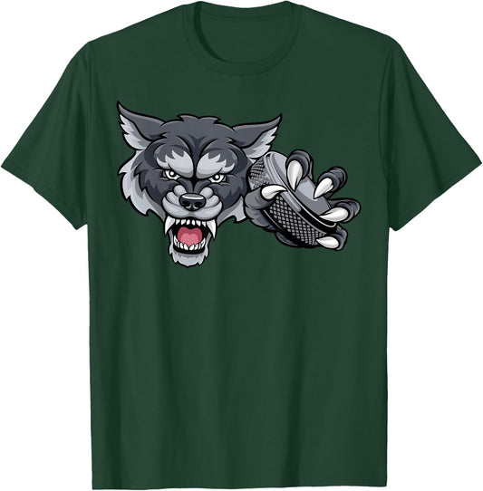 Wolf Cartoon Sports Wolves Team Mascot Holding Hockey Puck T-Shirt - T-Shirt | Forest