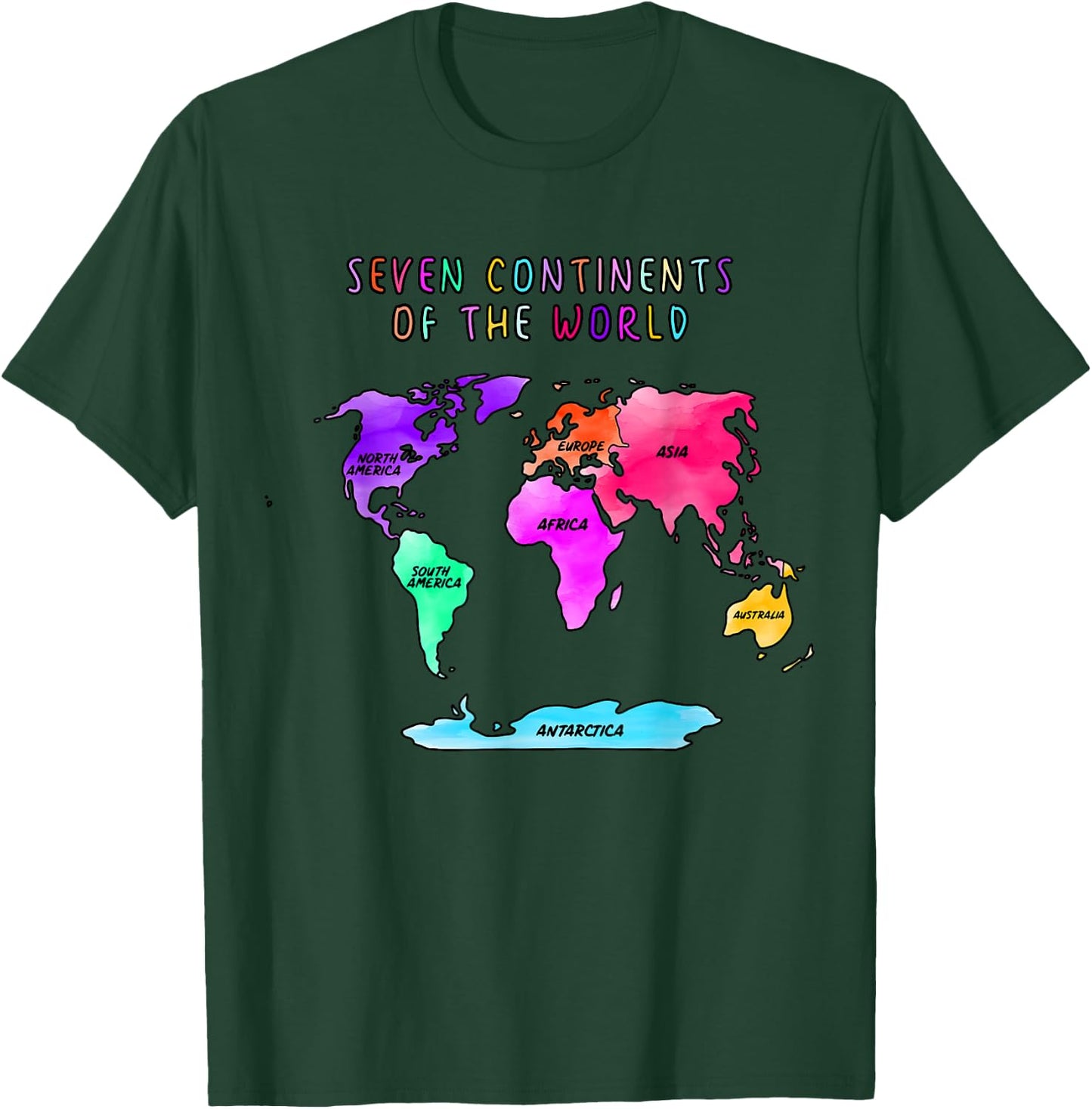 Simplified, watercolor world map, names of the continents T-Shirt - T-Shirt | Forest
