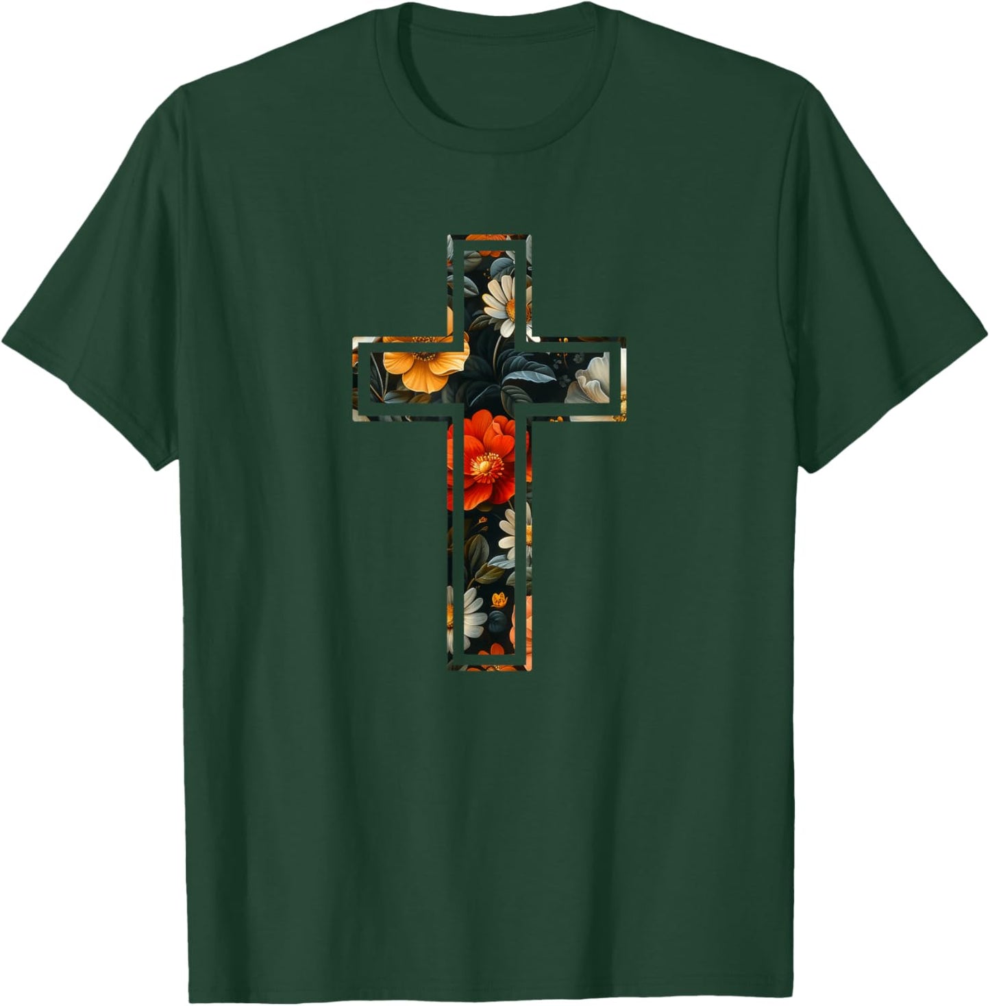 Elegant Silhouette Flowers Faith Floral Christian Cross T-Shirt - T-Shirt | Forest
