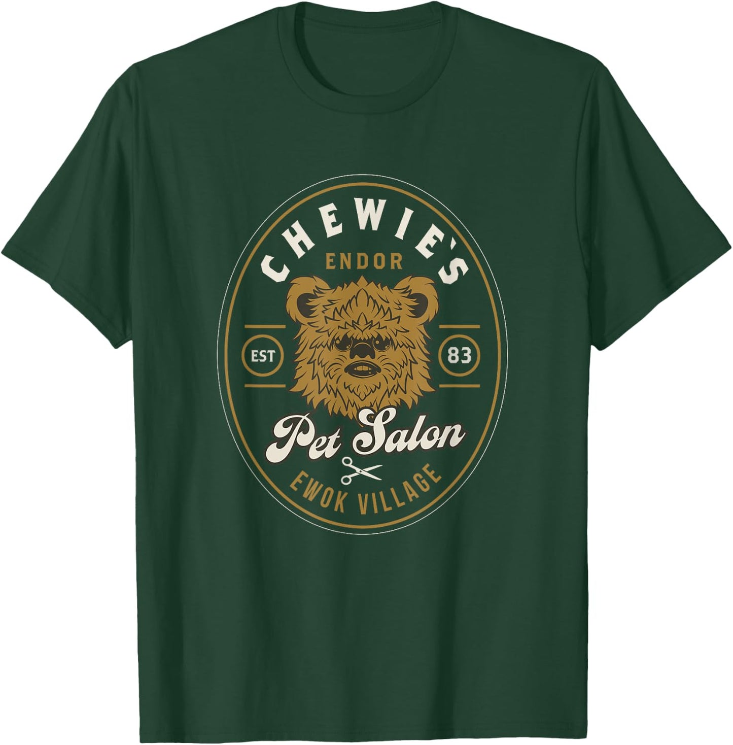 Star Wars Classic Chewie's Pet Salon Endor Ewok Village Logo T-Shirt - T-Shirt | Forest