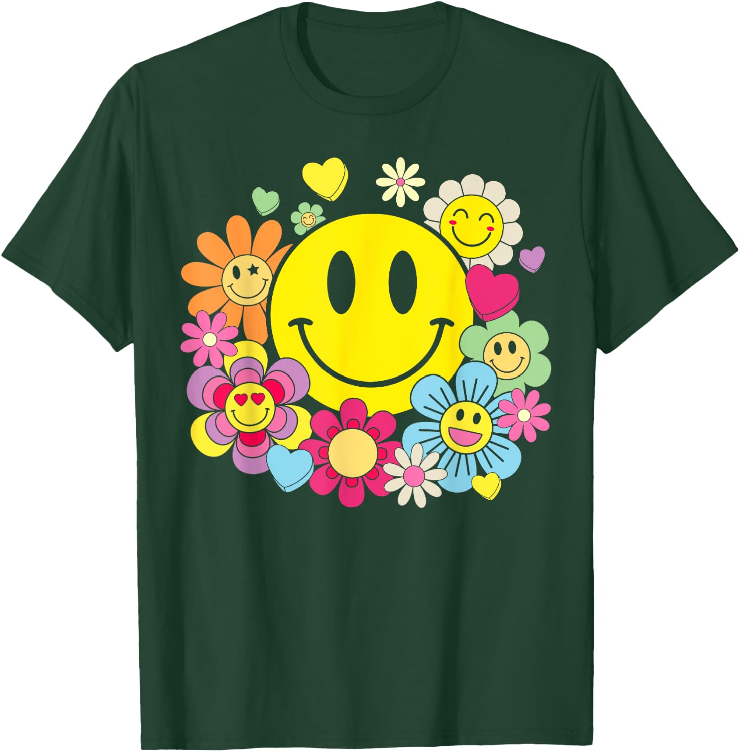 Retro Smile Face Flower Happy Face Flowers Heart Kids Girls T-Shirt - T-Shirt | Forest