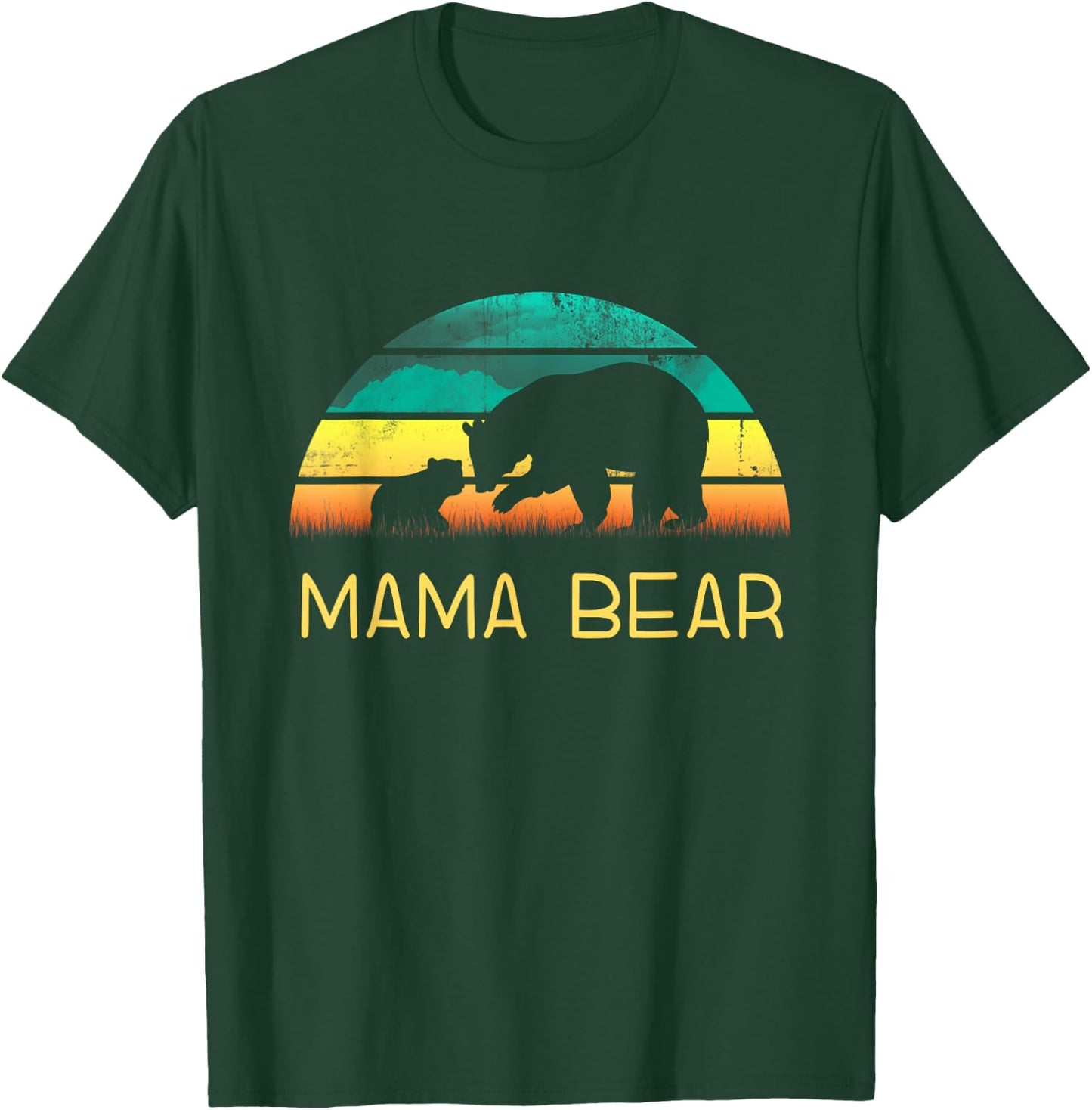 Mama Bear One Cub Vintage Sunset Mother's Day Hiking Outdoor T-Shirt - T-Shirt | Forest