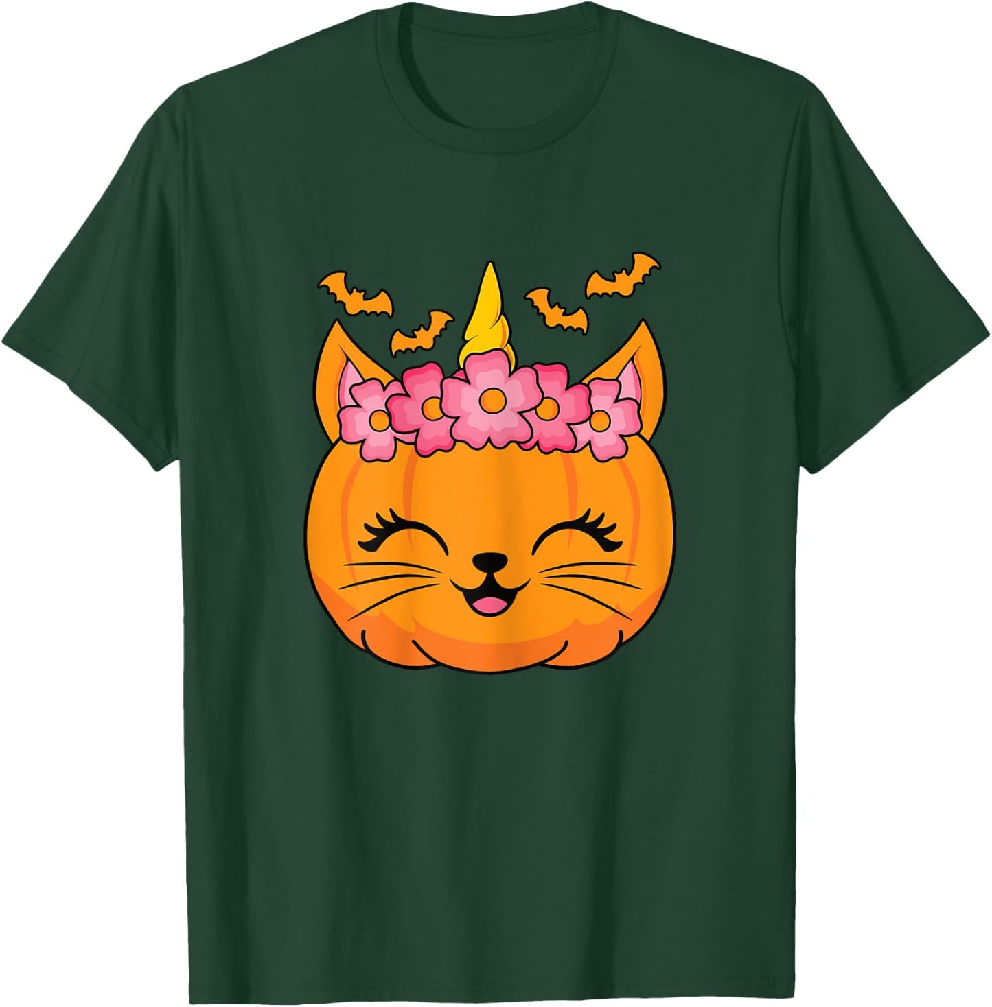Cute Halloween Cat Unicorn Pumpkin Thanksgiving Women Girls T-Shirt - T-Shirt | Forest