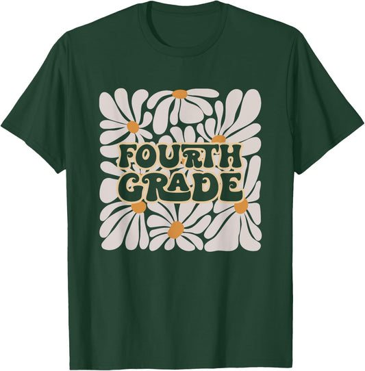 Retro Flower Power Squared Fourth 4th Grade Back To School T-Shirt - T-Shirt | Forest