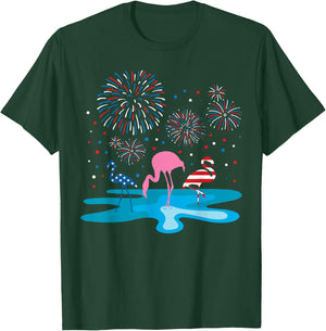Flamingo 4th of July Fireworks Patriotic American USA Flag T-Shirt - T-Shirt | Forest
