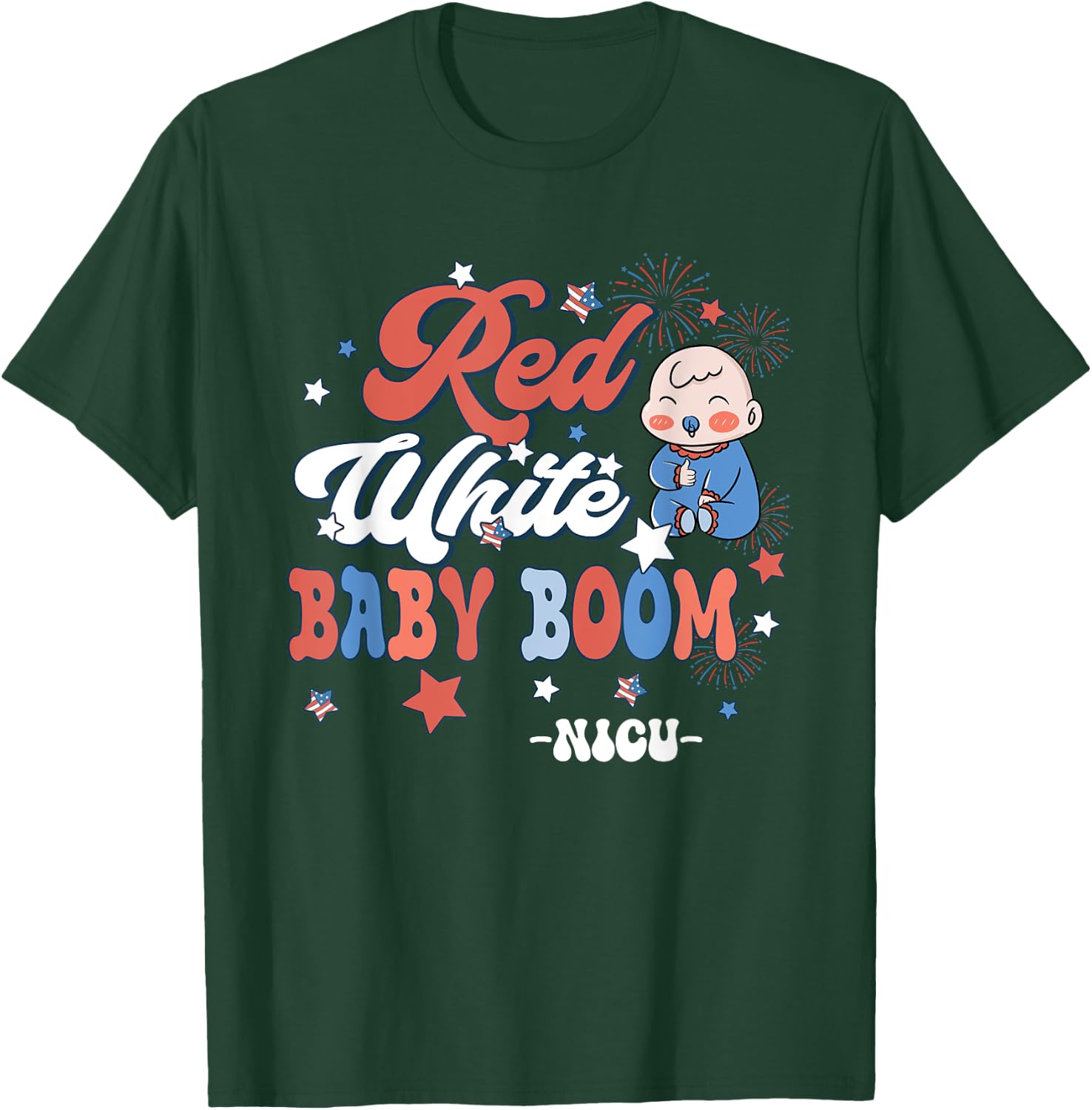 Retro Groovy Red White & Baby Boom NICU Nurse 4th Of July T-Shirt - T-Shirt | Forest