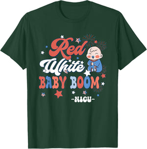 Retro Groovy Red White & Baby Boom NICU Nurse 4th Of July T-Shirt - T-Shirt | Forest