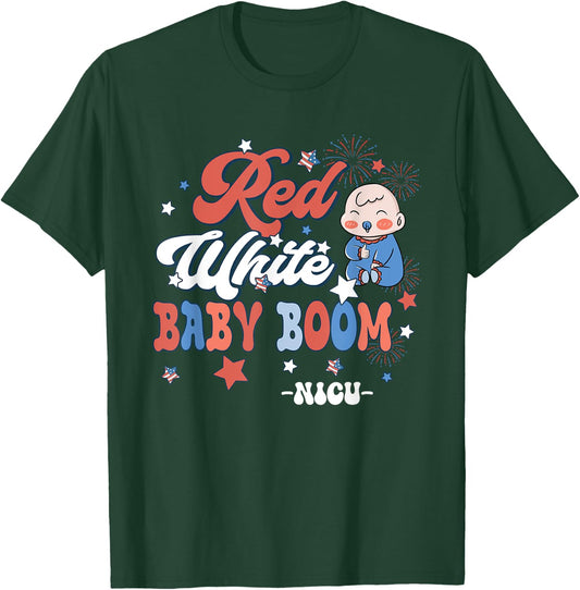 Retro Groovy Red White & Baby Boom NICU Nurse 4th Of July T-Shirt - T-Shirt | Forest