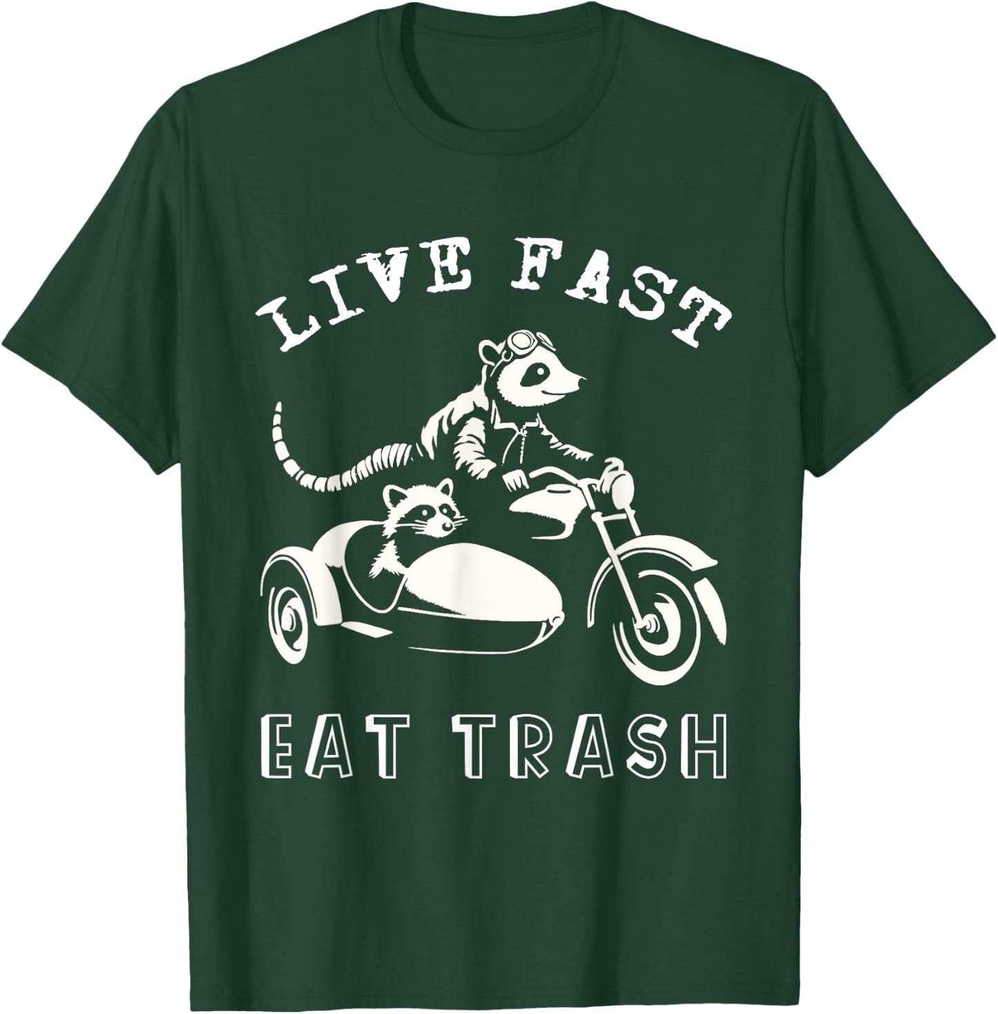 Racoon Possum Riding Motorcycle Live Fast Eat Trash Funny T-Shirt - T-Shirt | Forest