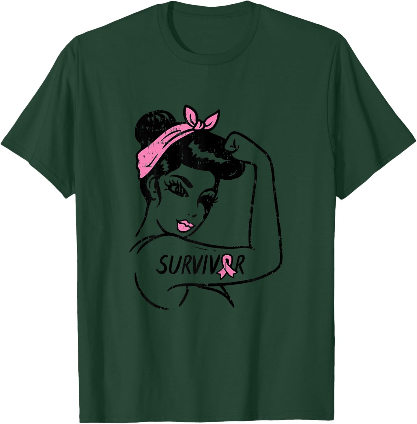 Rosie Riveter Breast Cancer Survivor Ribbon Awareness Women T-Shirt - T-Shirt | Forest