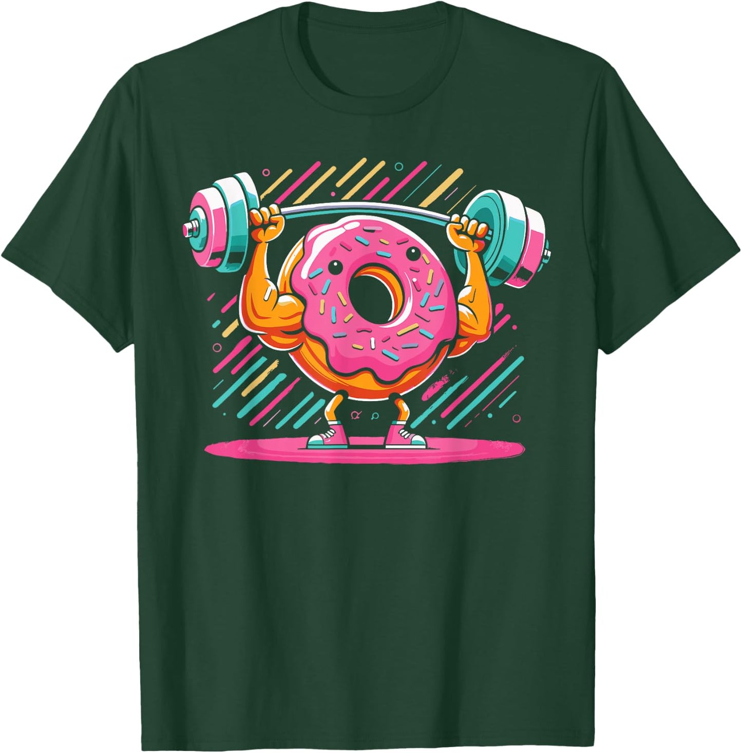 Funny Doughnut Weightlifting | Cartoon Donut Gym Workout T-Shirt - T-Shirt | Forest