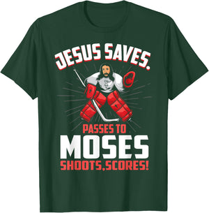 Jesus Saves Hockey Goalie Passes Moses Funny Religious Sport T-Shirt - T-Shirt | Forest