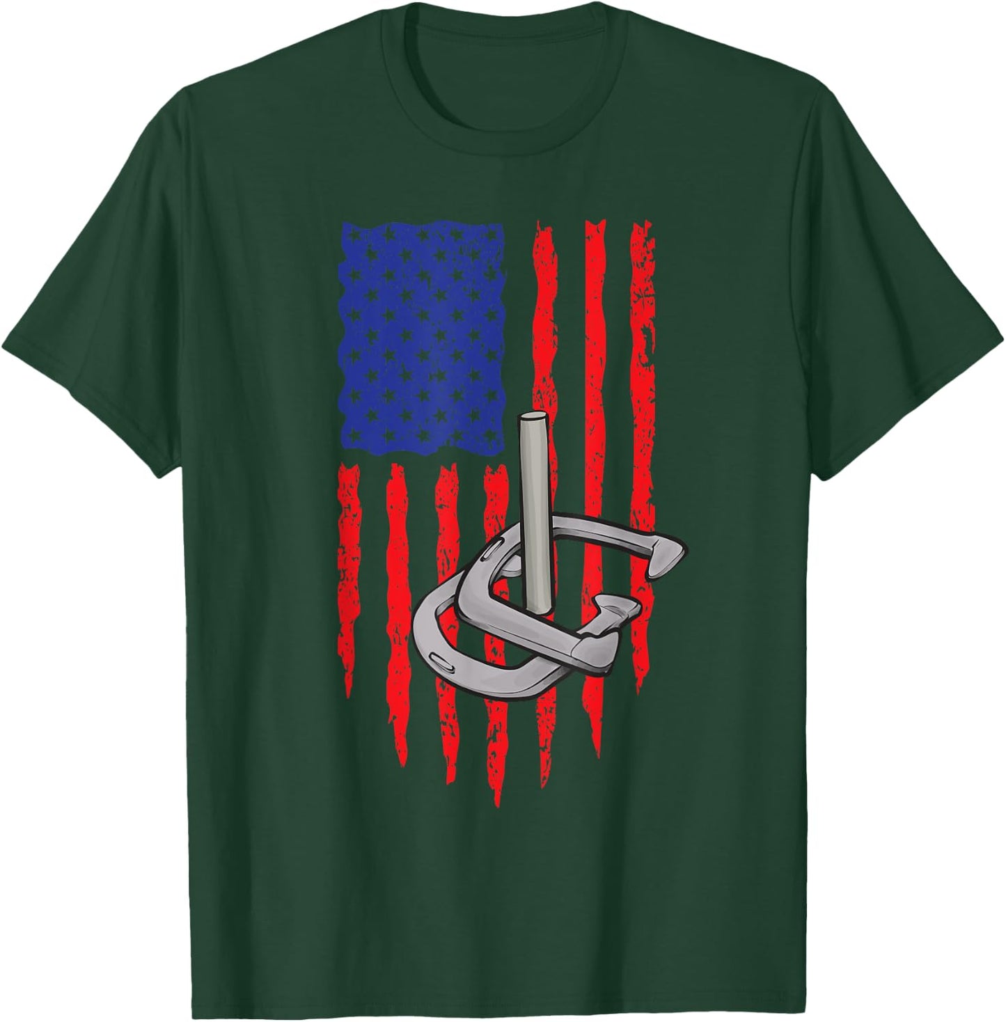 Horseshoe Pitching USA American Flag Horseshoes Game Men T-Shirt - T-Shirt | Forest