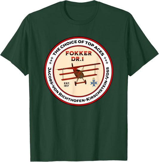 Fokker DR1 Triplane WW1 Fighter Plane Choice Of Top Aces T-Shirt - T-Shirt | Forest
