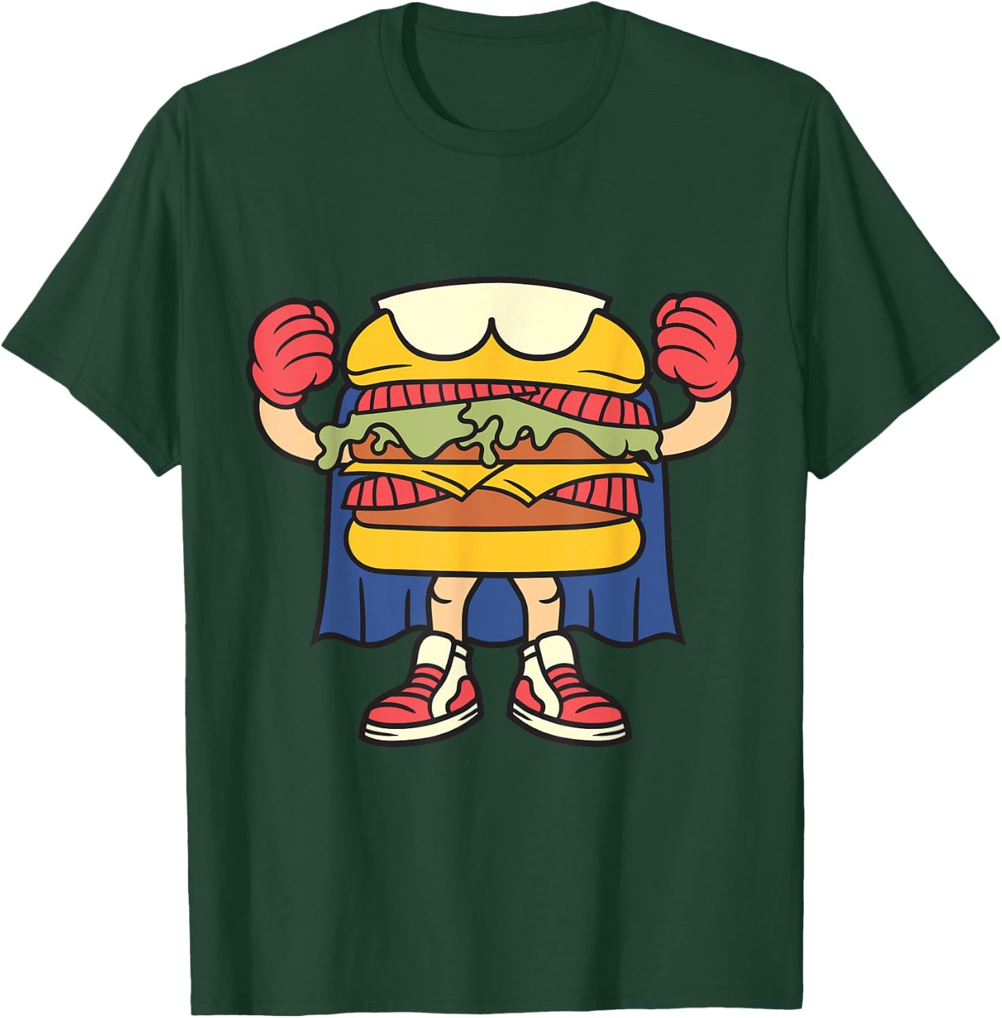 Superhero Hamburger with Boxing Gloves and Cape T-Shirt - T-Shirt | Forest