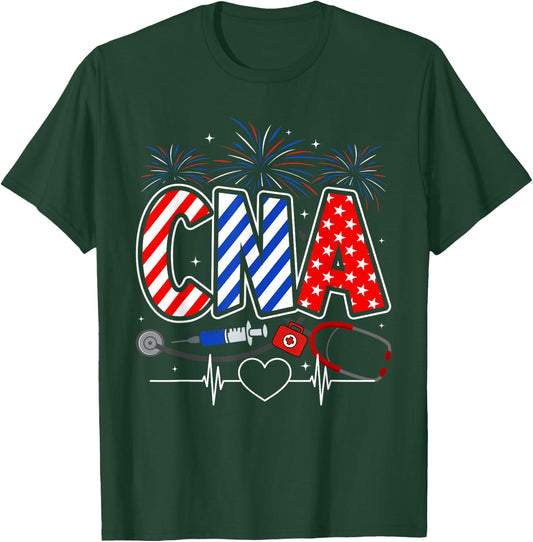 CNA 4th of July American Flag Patriotic USA Stethoscope T-Shirt - T-Shirt | Forest