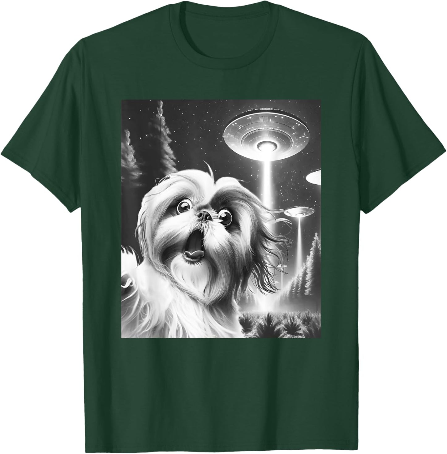 Funny Shih Tzu Alien UFO Taking a Selfie Dog Mom Dad Men Women Girls Kids T-Shirt - T-Shirt | Forest