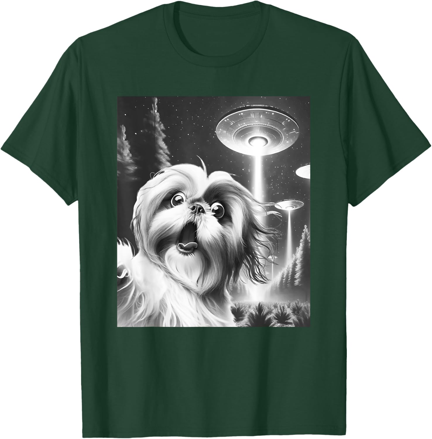 Funny Shih Tzu Alien UFO Taking a Selfie Dog Mom Dad Men Women Girls Kids T-Shirt - T-Shirt | Forest