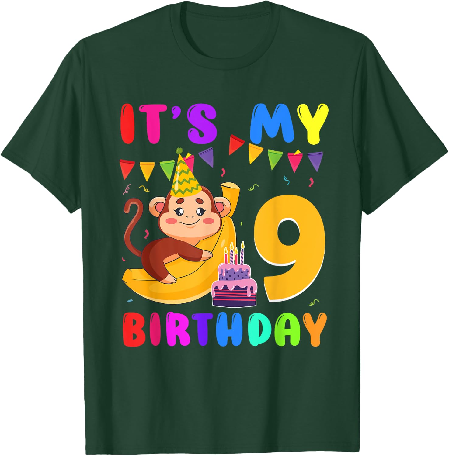 It's My 9th Birthday Monkey 9 Year Old Party Boys Girls Kids T-Shirt - T-Shirt | Forest