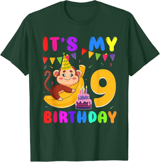 It's My 9th Birthday Monkey 9 Year Old Party Boys Girls Kids T-Shirt - T-Shirt | Forest