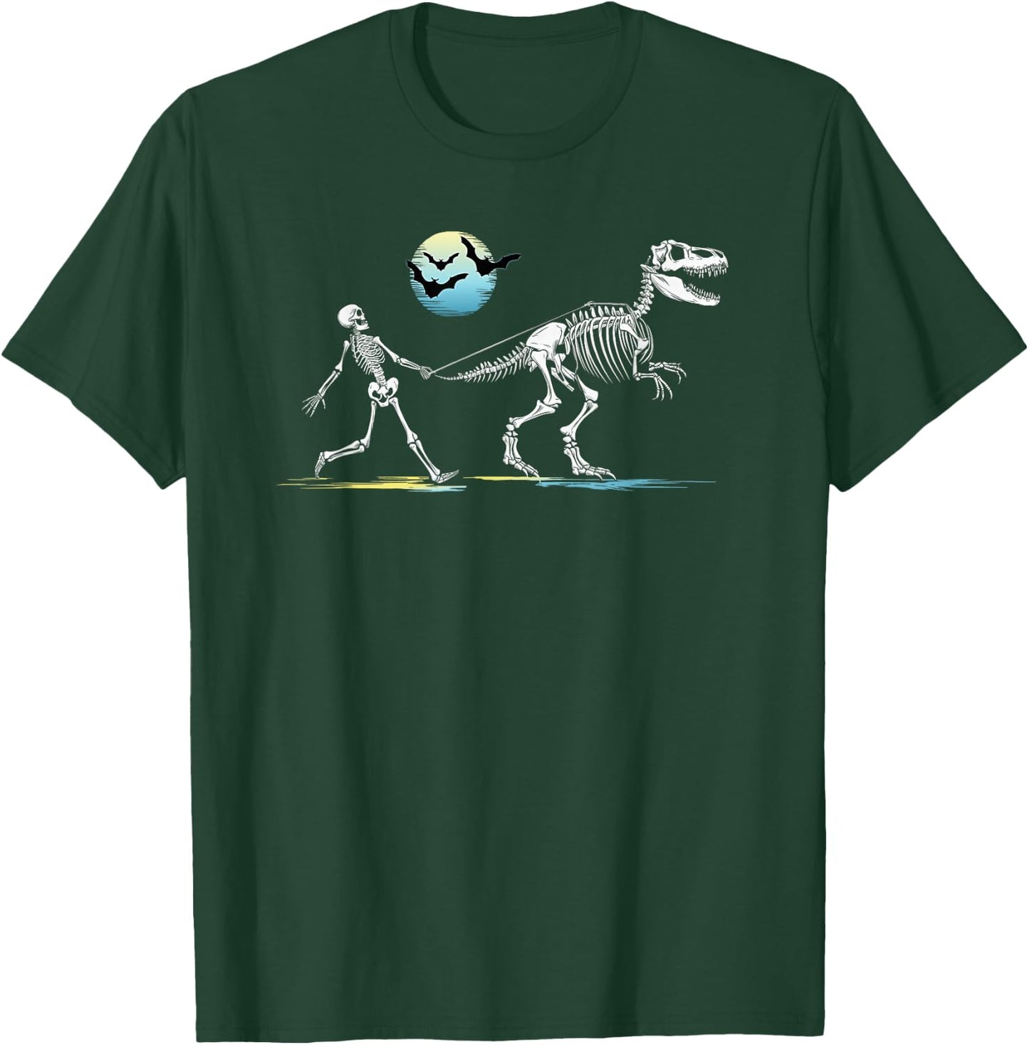 Skeleton Walking a T-Rex Dinosaur Boys Girls Funny Halloween T-Shirt - T-Shirt | Forest