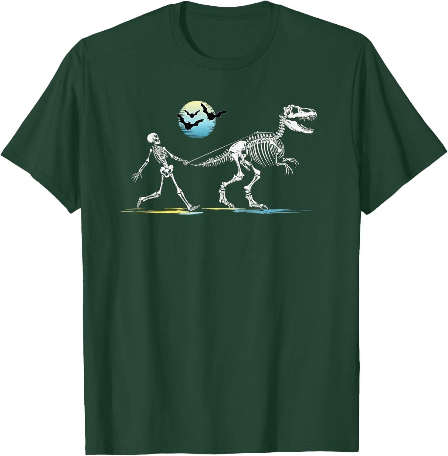 Skeleton Walking a T-Rex Dinosaur Boys Girls Funny Halloween T-Shirt - T-Shirt | Forest