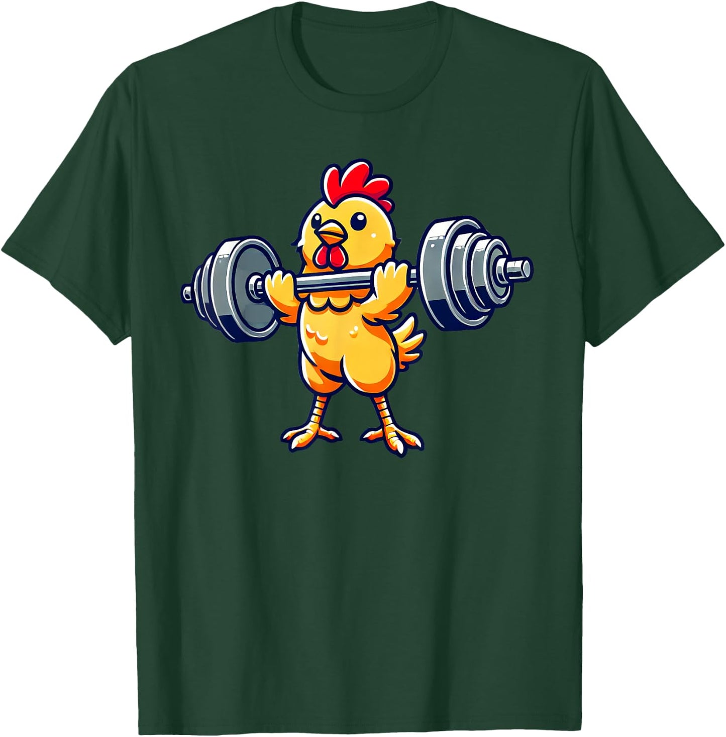 Chicken Powerlifting Gym Workout - Black, -Adults/Kids, Short Sleeve, Cotton 65% Polyester 35%, Humorous Chicken Design T-Shirt - T-Shirt | Forest
