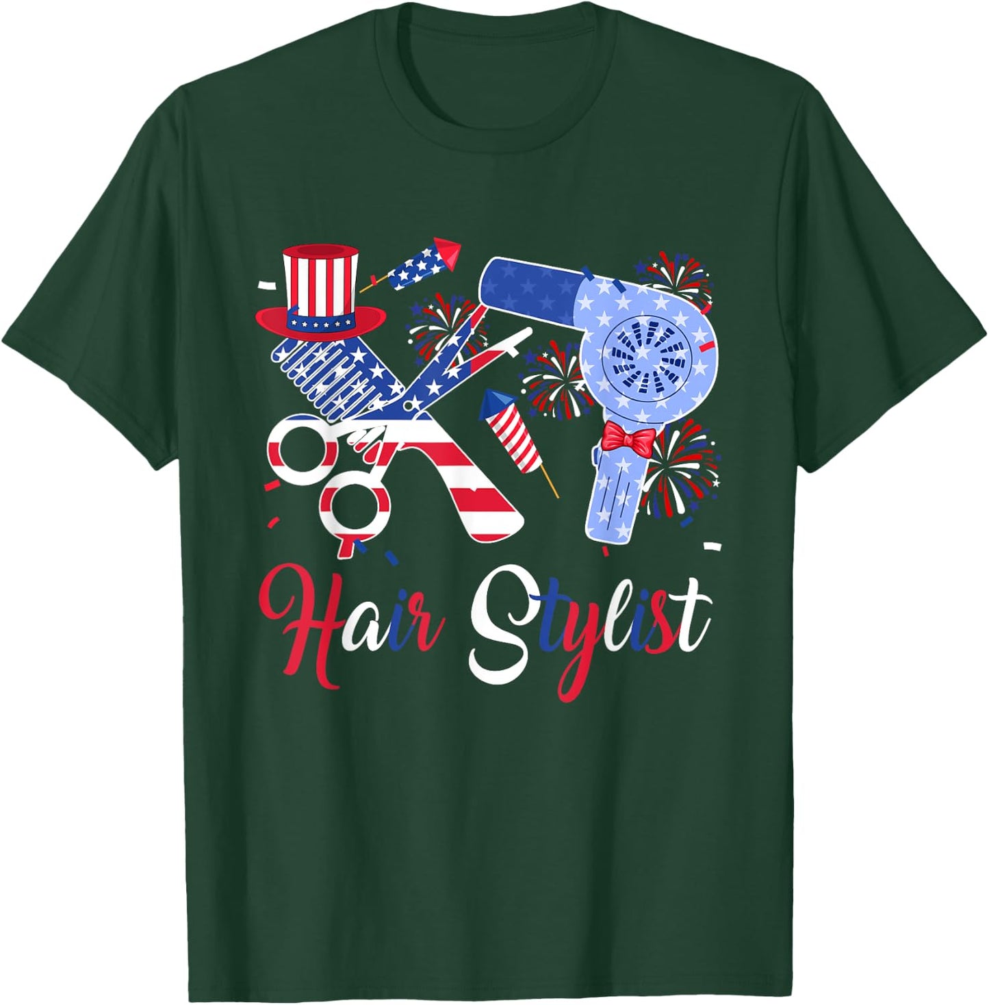 Hair Stylist Costume Tools As American Flag 4th July Women Men T-Shirt - T-Shirt | Forest