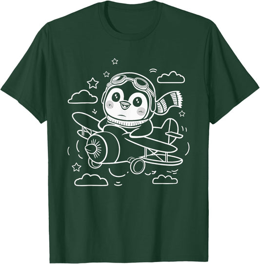 Cute Penguin Pilot In Airplane Aviation Plane Flying Penguin T-Shirt - T-Shirt | Forest