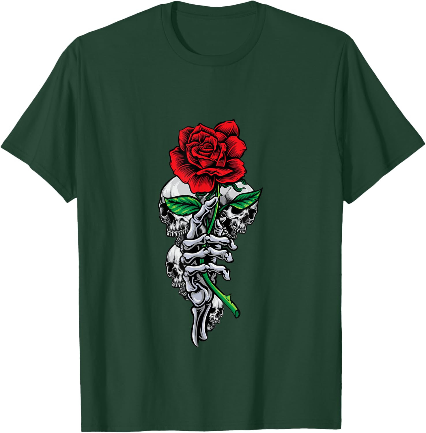 Skeleton Hand Red And Beautiful Rose Flower And Skulls Art T-Shirt - T-Shirt | Forest