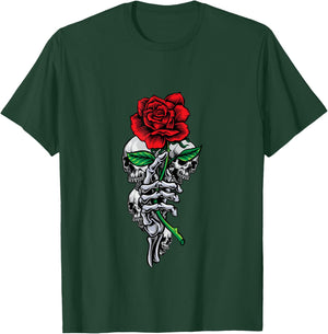 Skeleton Hand Red And Beautiful Rose Flower And Skulls Art T-Shirt - T-Shirt | Forest