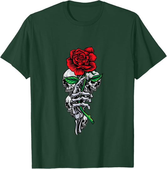 Skeleton Hand Red And Beautiful Rose Flower And Skulls Art T-Shirt - T-Shirt | Forest