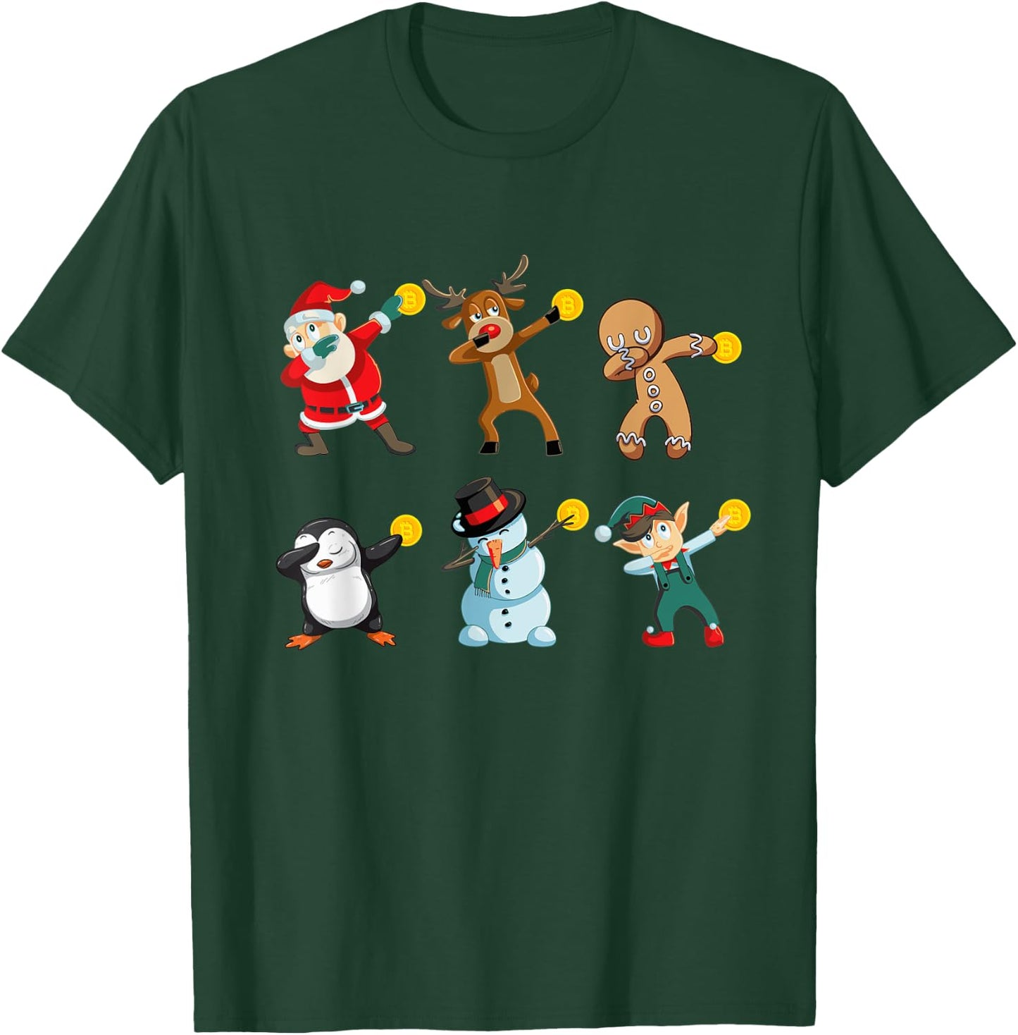 Santa Elf Snowman Reindeer Dabbing Holding Bitcoin T-Shirt - T-Shirt | Forest