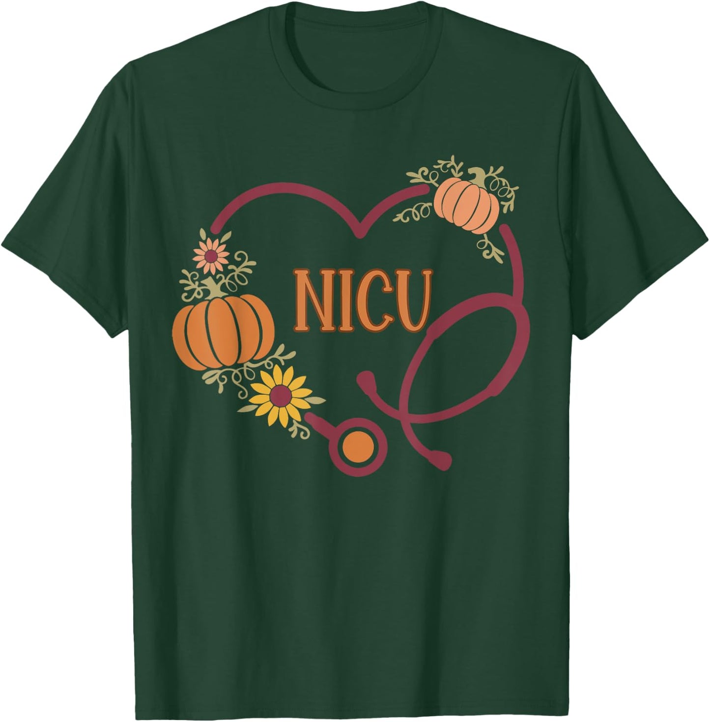 Retro NICU Nurse Stethoscope Heart Pumpkin Fall Thanksgiving T-Shirt - T-Shirt | Forest