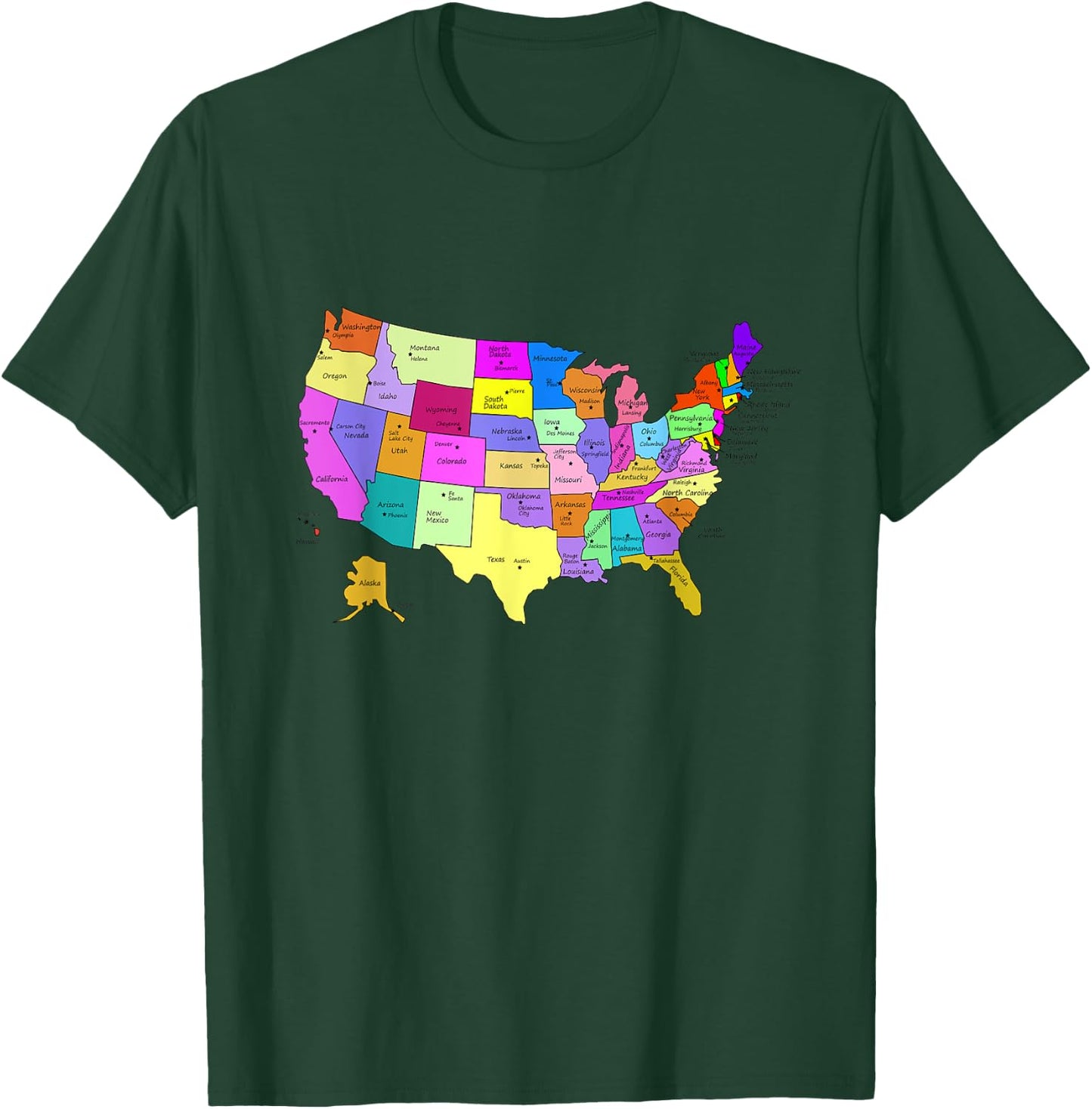 States & Capitals Colorful USA Map School Geography T-Shirt - T-Shirt | Forest