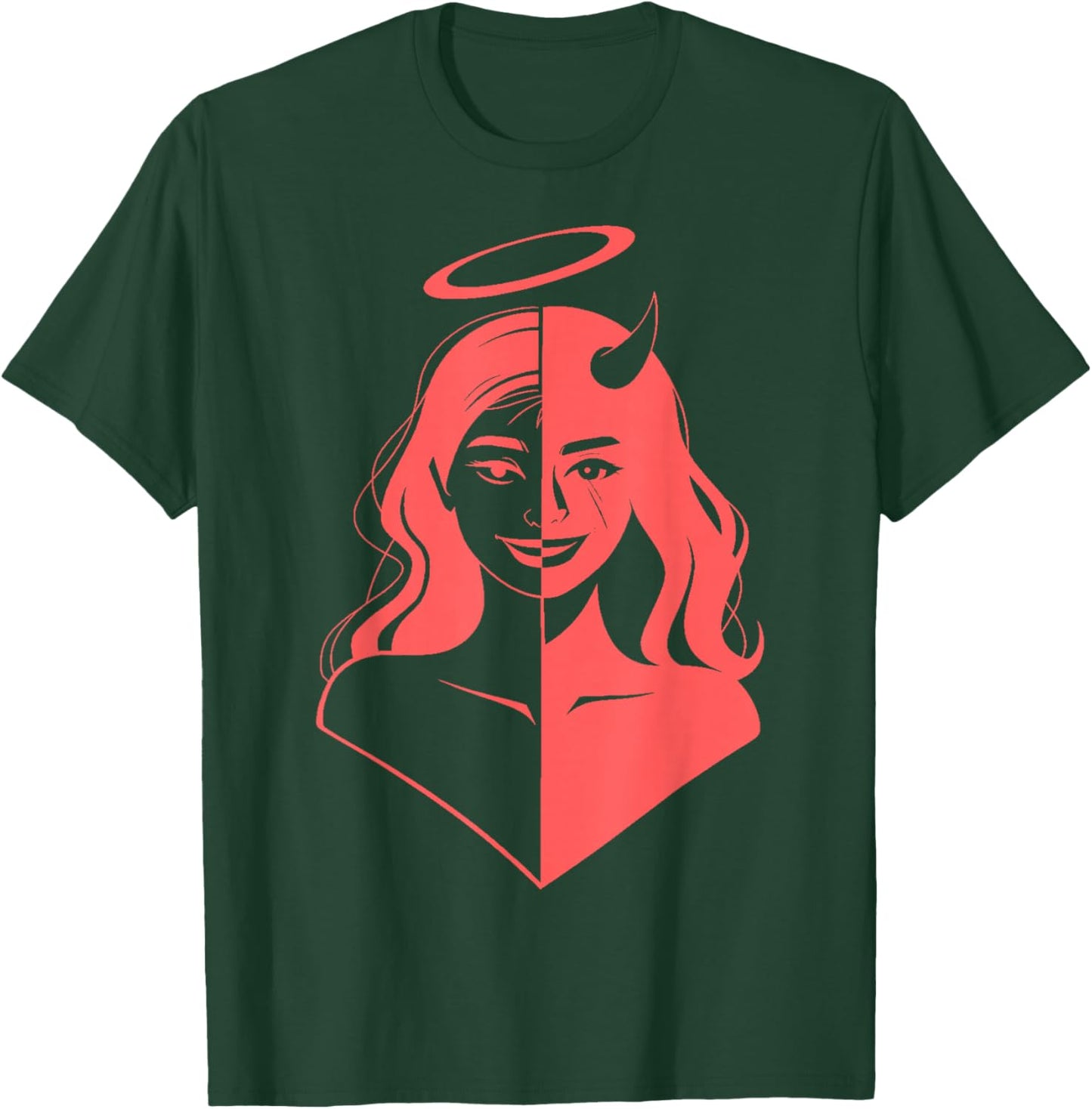 Girl Half Devil Face Half Angel Face Light Red T-Shirt - T-Shirt | Forest