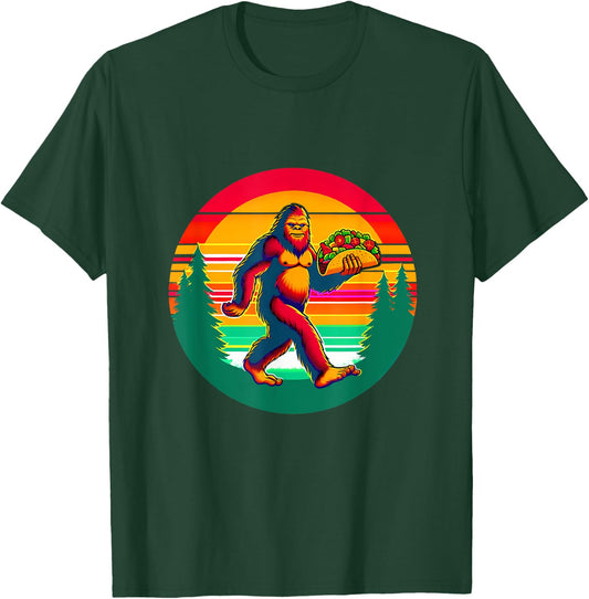 Funny Vintage Big Foot aka Sasquatch Holding a Taco T-Shirt - T-Shirt | Forest