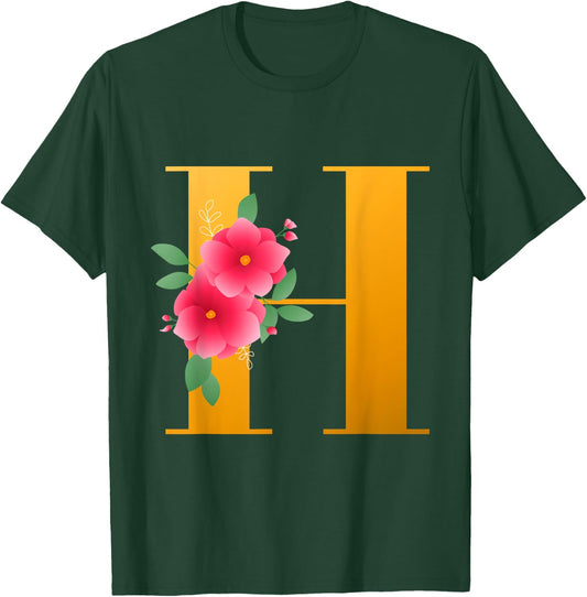 Floral H Alphabet Cute Initial Monogram Letter H Graphic T-Shirt - T-Shirt | Forest