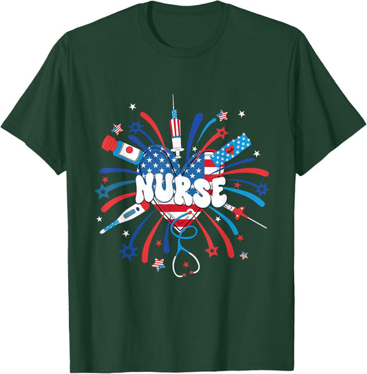 Firework 4th of July Nurse Independence Day Girly Nurse Icu T-Shirt - T-Shirt | Forest