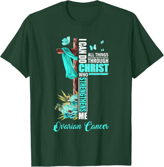 Christian Cross Teal Ribbon Survivor Fighter Ovarian Cancer T-Shirt - T-Shirt | Forest