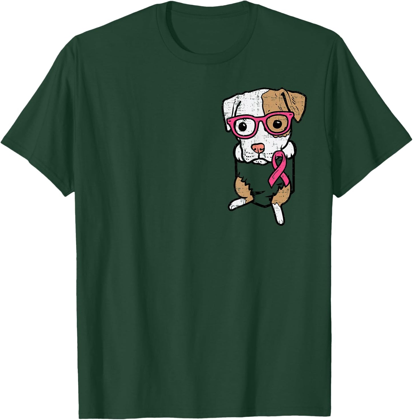Pocket Pitbull Dog Pink Ribbon Breast Cancer Awareness Dog T-Shirt - T-Shirt | Forest