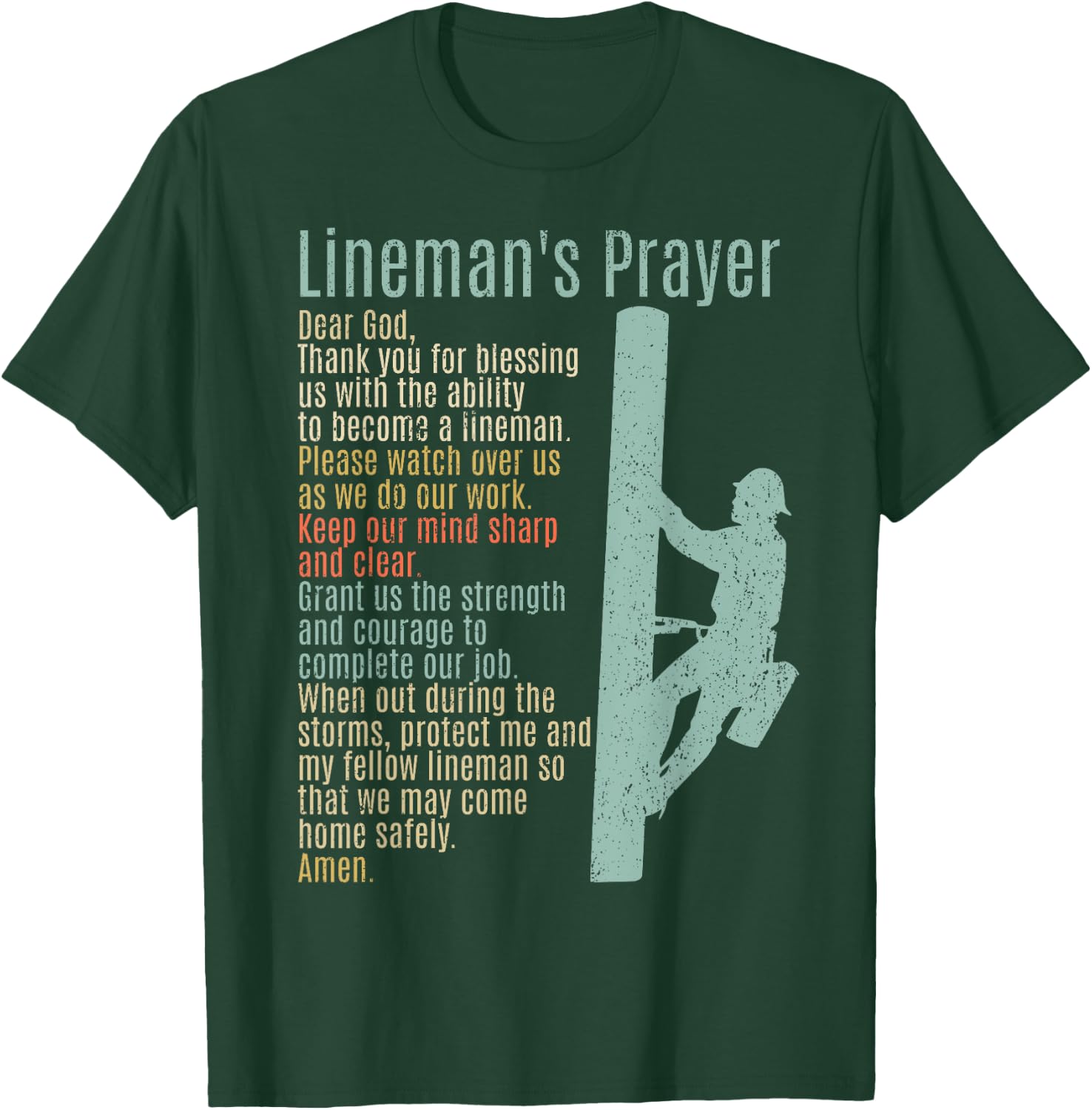Electrical Lineman Designs With Sayings Electrical Lineman Prayer Power Lineman T-Shirt - T-Shirt | Forest