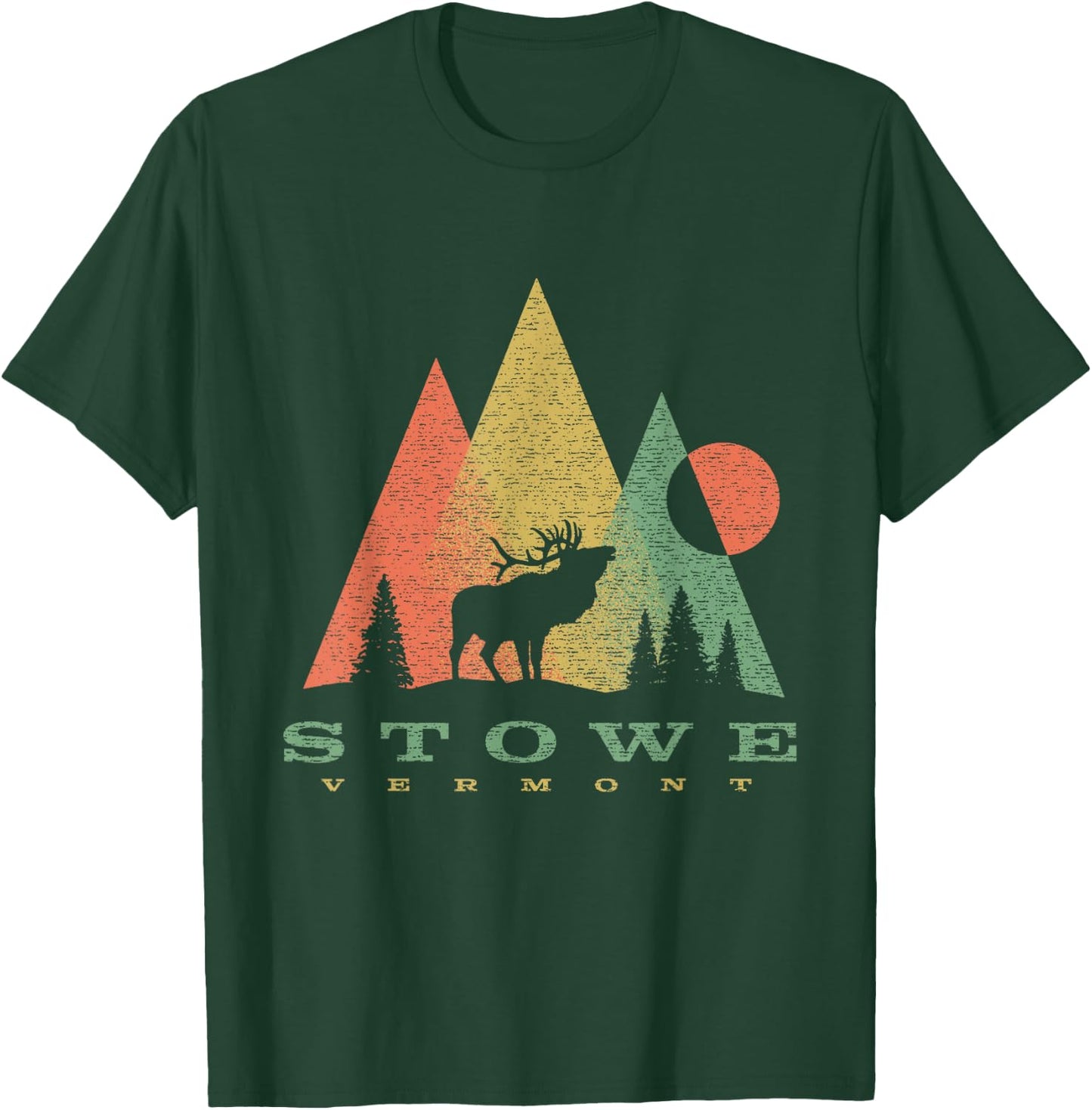 Vintage Geometric Mountains Deer Stowe Vermont Vacation T-Shirt - T-Shirt | Forest