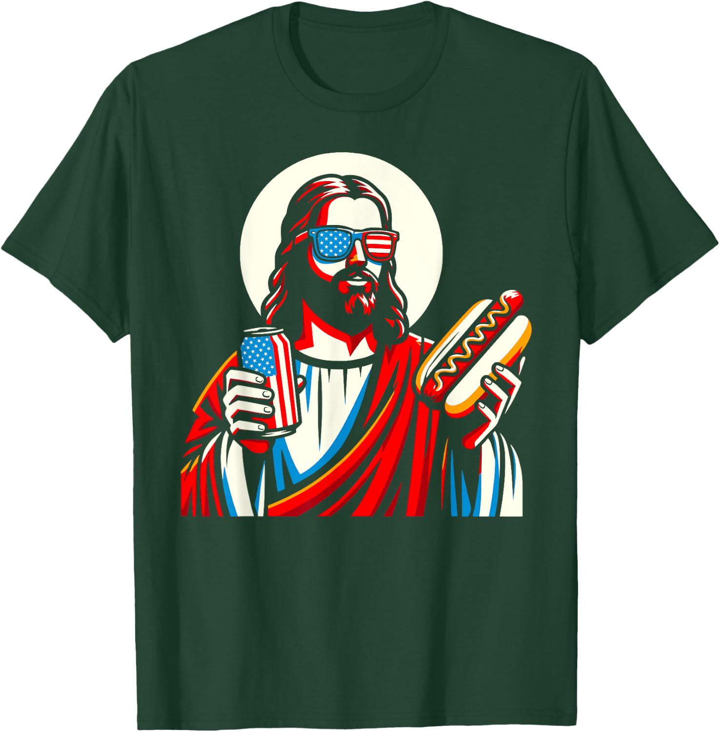 Funny Jesus USA American Christian Patriotic Beer Hotdog Women Men T-Shirt - T-Shirt | Forest