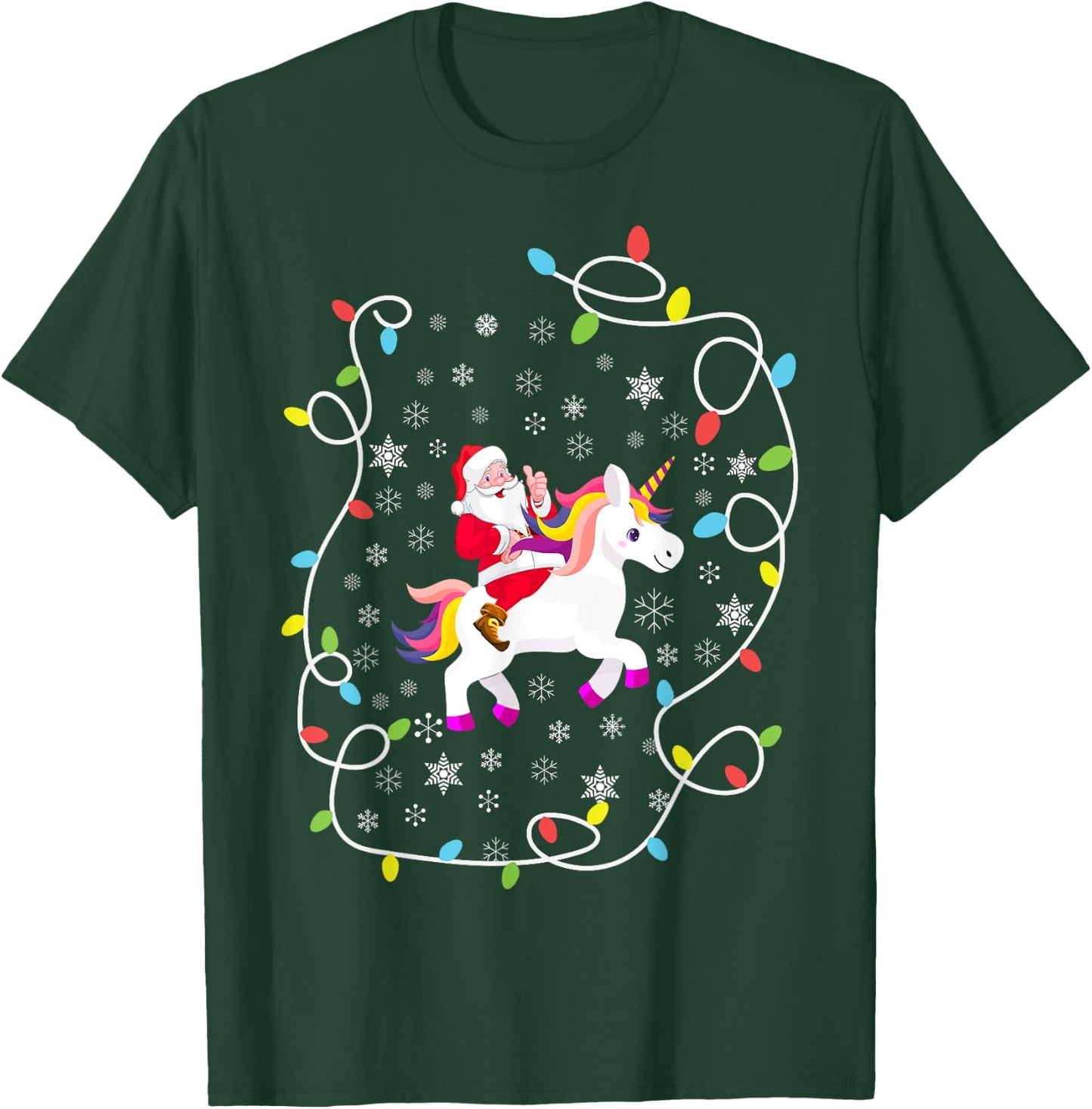 Santa Riding Unicorn Christmas Lights Merry Christmas Tree T-Shirt - T-Shirt | Forest
