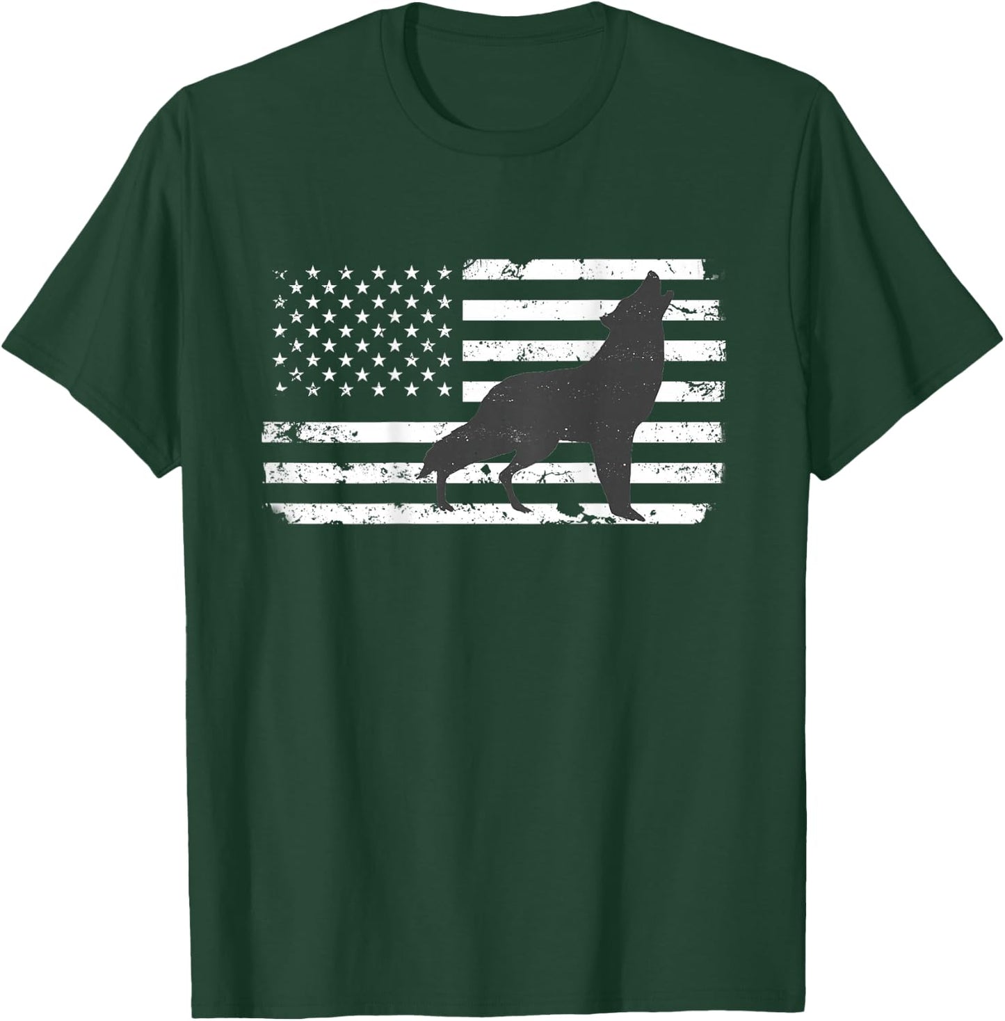 Gray Lone Wolf Distressed American Flag BACK PRINT T-Shirt - T-Shirt | Forest