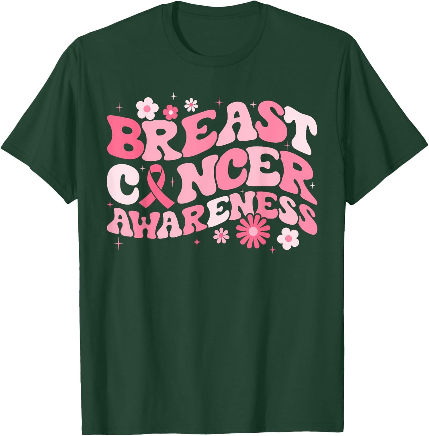 Groovy Breast Cancer Awareness Pink Ribbon Women Warrior T-Shirt - T-Shirt | Forest