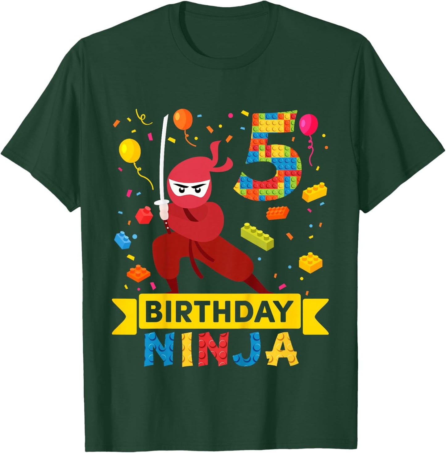 Kids 5 Year Old Building Blocks Ninja 5th Birthday Boy T-Shirt - T-Shirt | Forest