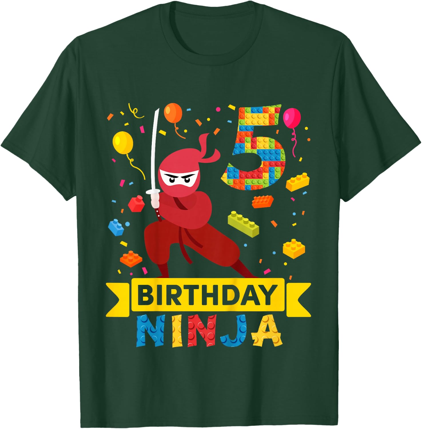 Kids 5 Year Old Building Blocks Ninja 5th Birthday Boy T-Shirt - T-Shirt | Forest