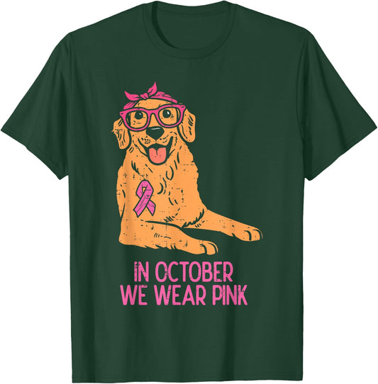 October We Wear Pink Golden Retriever Breast Cancer Dog T-Shirt - T-Shirt | Forest